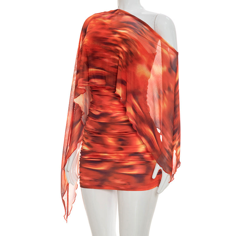 Print Slash Shoulder Ruched Mini Dress GDSF Q26DS032