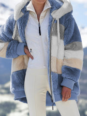 Plus Size Warm Plush Patchwork Zipper Hooded Loose Jacket GOFY 80160