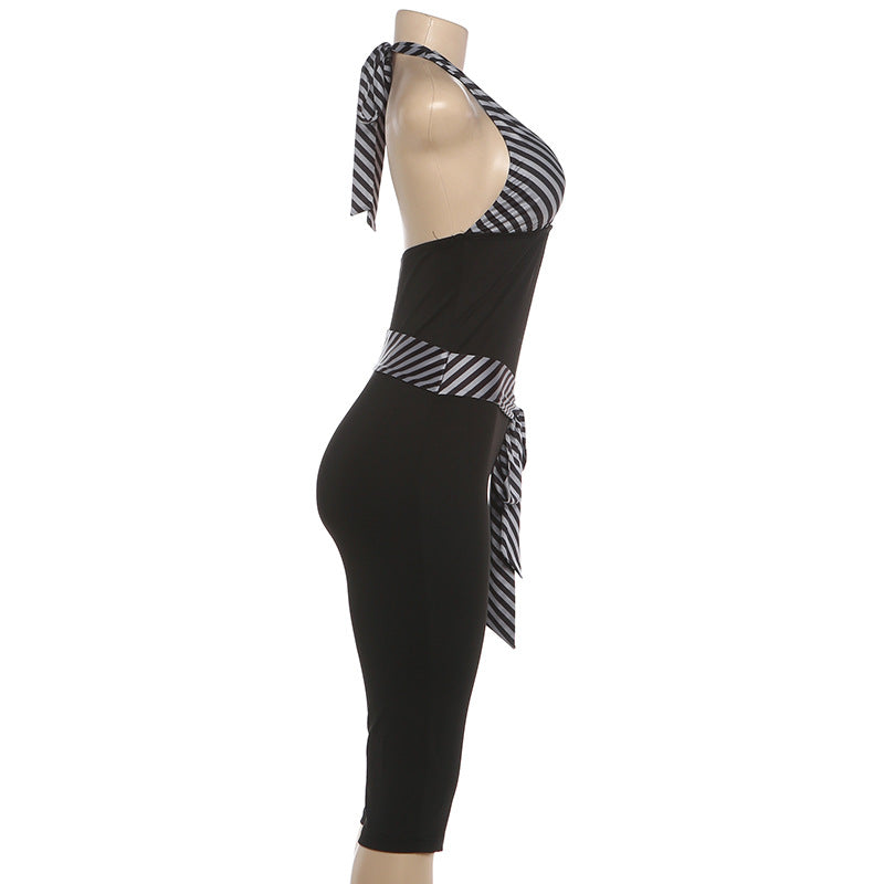 V Neck Patchwork Halterneck Tie Up Seventh Jumpsuit GZJQ K6Q05199A