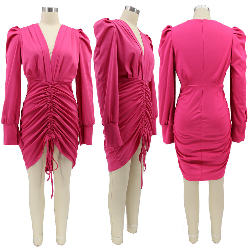 Solid Deep V Neck Drawstring Ruched Bodycon Dress HNIF 076