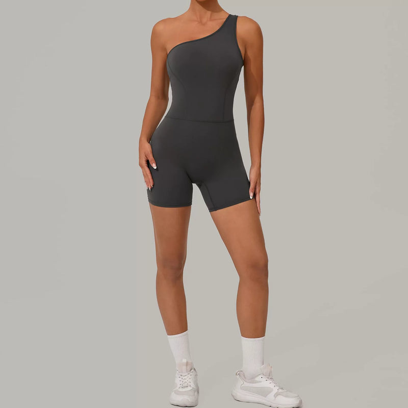 Solid Color Single Shoulder Fitness Romper GQSA 1312