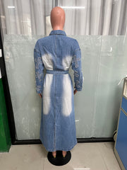Fashion Denim Cross Embroidery Long Trench Coat LX 6033