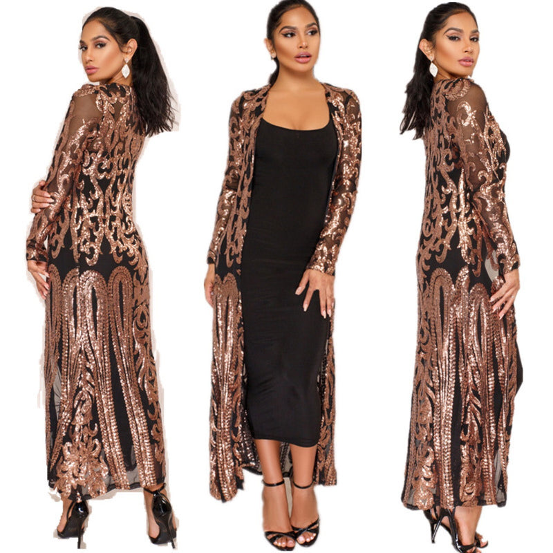 Plus Size Sequin Embroidered See Through Cardigan Coats GMMD 8088