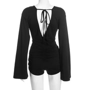 Deep V Neck Flare Long Sleeve Romper GDSF D25RP539