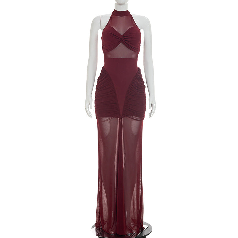 Mesh Patchwork See Through Sleeveless Maxi Dress GDSF D26DS180
