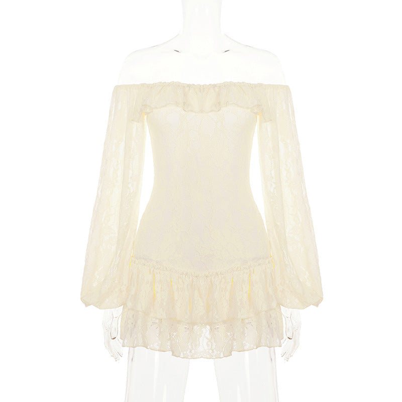 Lace Patchwork One Shoulder Lantern Sleeve Mini Dress GPKJ MR49975