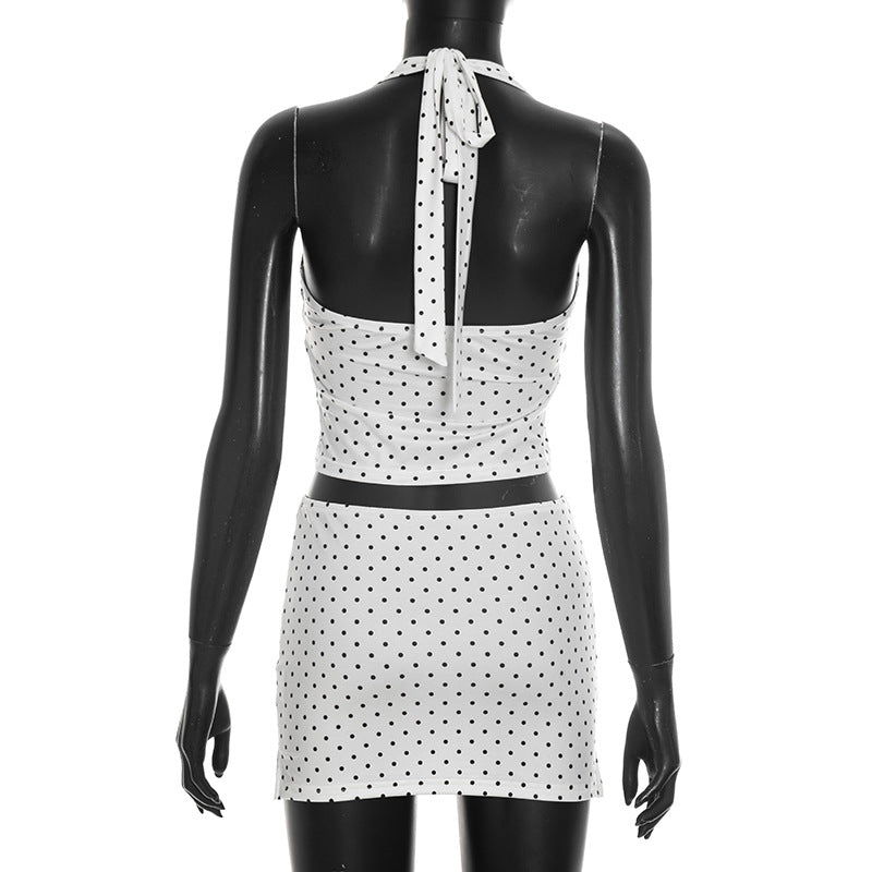 Polka Dot Print Halterneck Two Piece Skirts Set GDSF D26ST187
