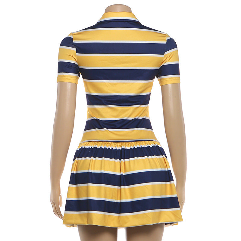 Stripe Print Lapel Casual Dress GSLF K6D08636A