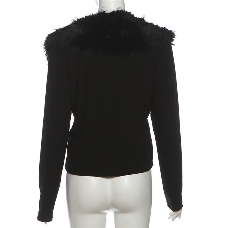Furzzy Neck Patchwork Solid Color Coat XEF K25C85246