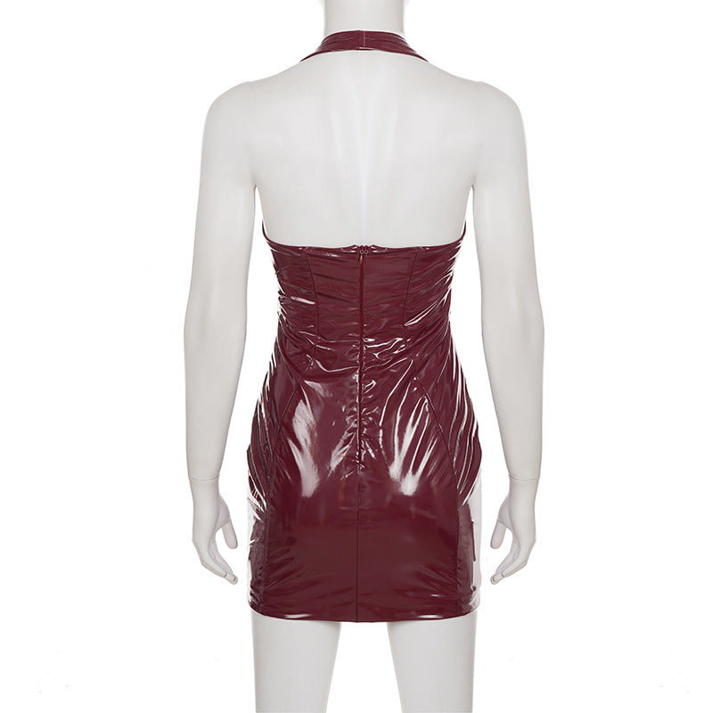 Leather Glossy V Neck Bodycon Dress GPKJ MR45060