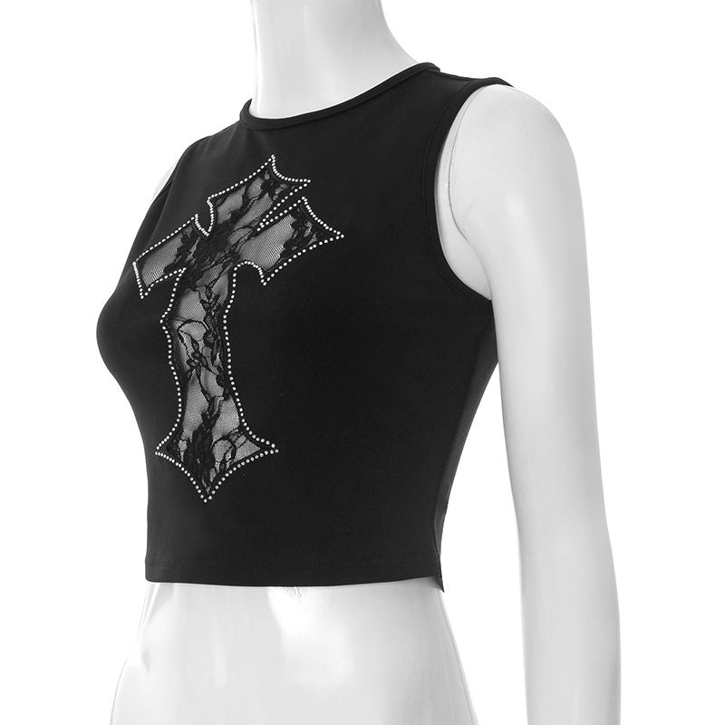 Cross Embroidered Rhinestone Pattern Tank Tops GSBD Q25TP165