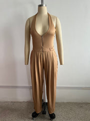Halterneck Solid Color Zipper Jumpsuit Without Belt TE 4755