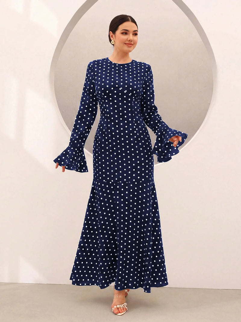 Polka Dot Print Long Sleeve Maxi Dress GSRX 986