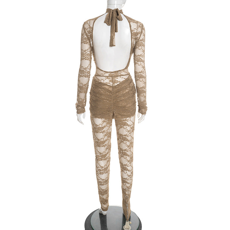 See Through Lace Long Sleeve Tight Jumpsuit GDSF D25JP529