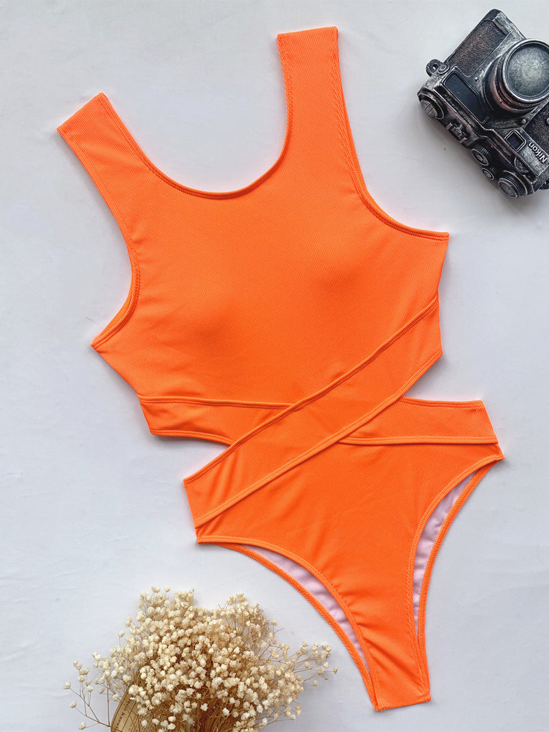 Solid Hollow Out Bikini One Piece Swimsuit CASF 6289