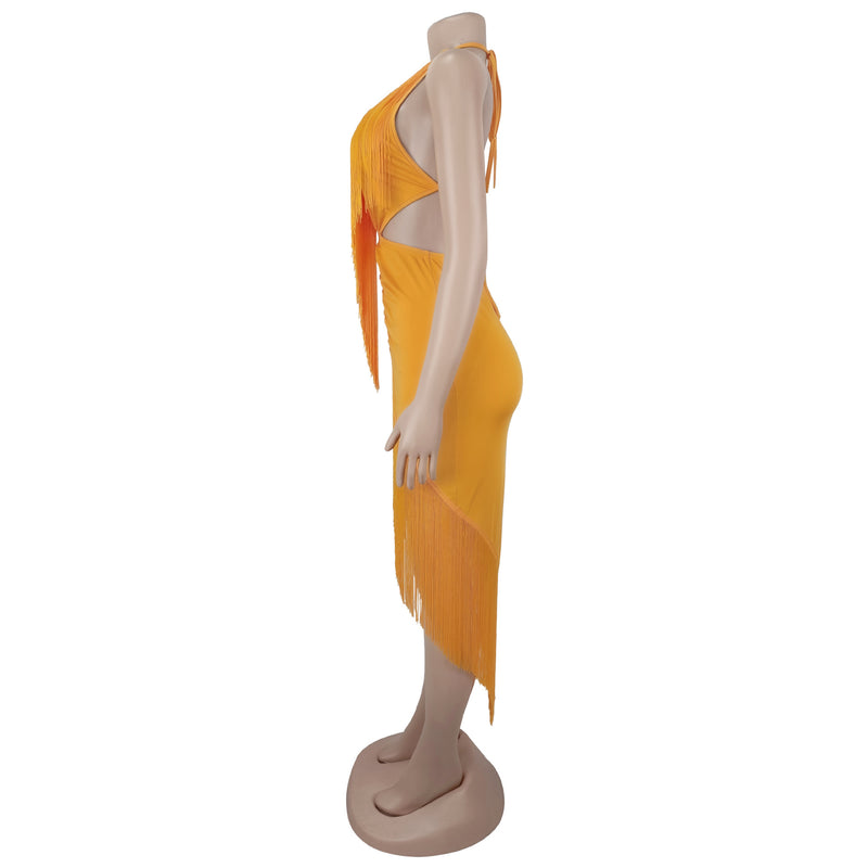 Deep V Neck Backless Tassel Maxi Dress BY 7780