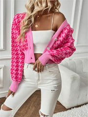Houndstooth Patterned Knit Cardigan Coat GZYF 1087