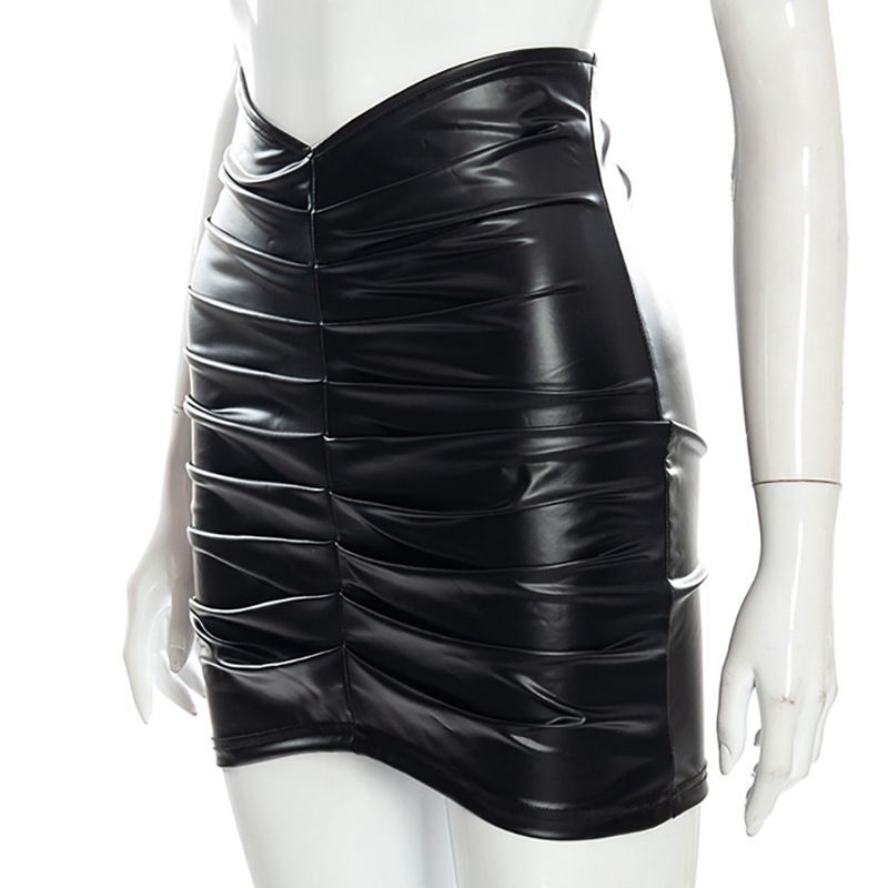 Solid Color Pleated PU Leather Mini Skirt GPBY 2113