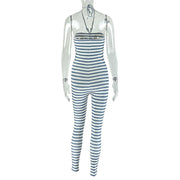Stripe Backless Sport Halterneck Jumpsuit GJYO 006277