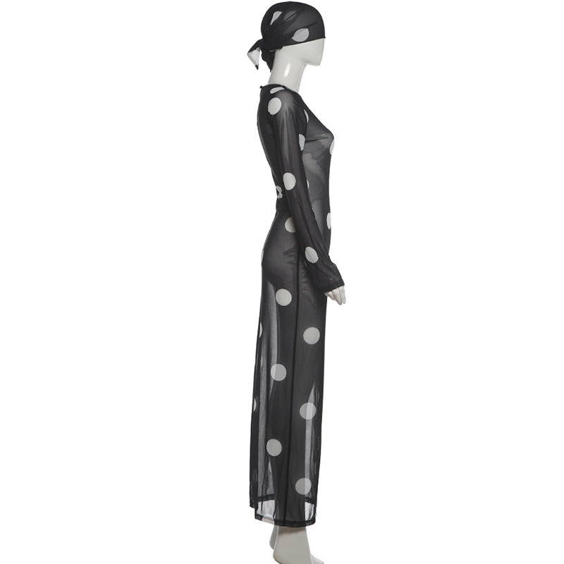 Mesh See Through Print Maxi Dress With Headscarf GZJQ K6S14679A