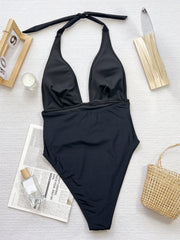 Solid Color Deep V Neck One Piece Swimsuit CSYZ D651Q