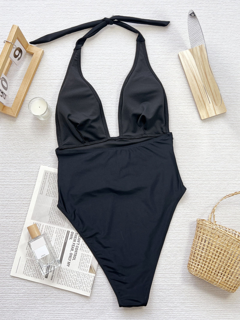 Solid Color Deep V Neck One Piece Swimsuit CSYZ D651Q