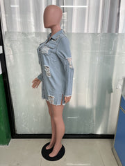 Fringed Single breasted Hole Long Denim Jacket LX 3562