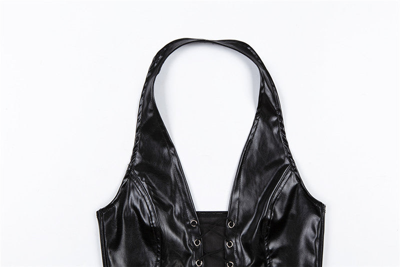 Sexy Halter Tie Up PU Leather Tank Top GYME T1734030
