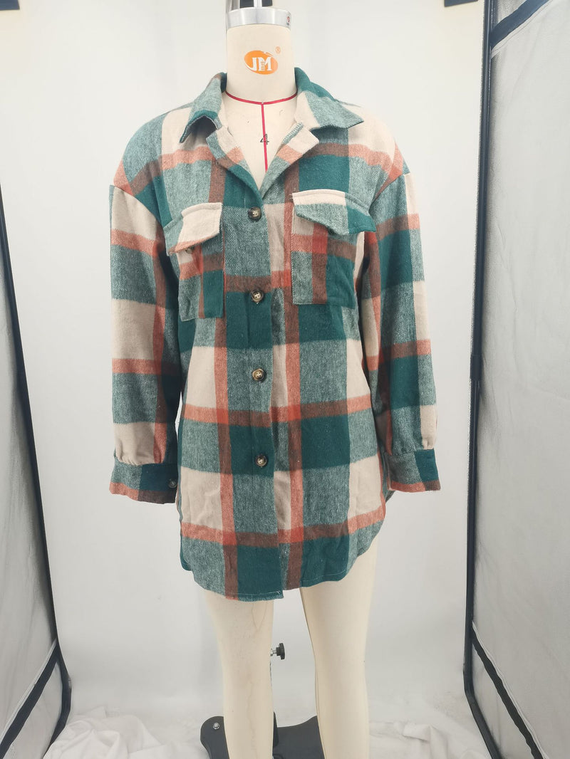 Plus Size Loose Plaid Mauney Long Sleeve Shirt Coat YIM 370