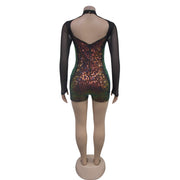 Sequin Deep V Neck Long Sleeve Romper BY 7055