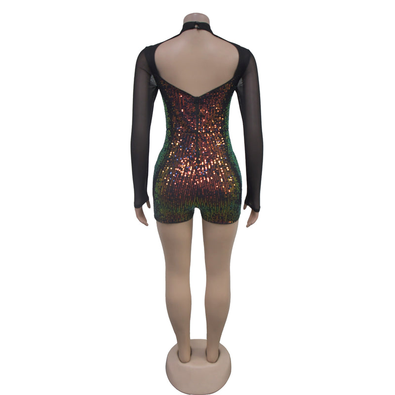 Sequin Deep V Neck Long Sleeve Romper BY 7055