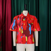 Plus Size Print Tie Up Bubble Sleeve Shirt GATE 561