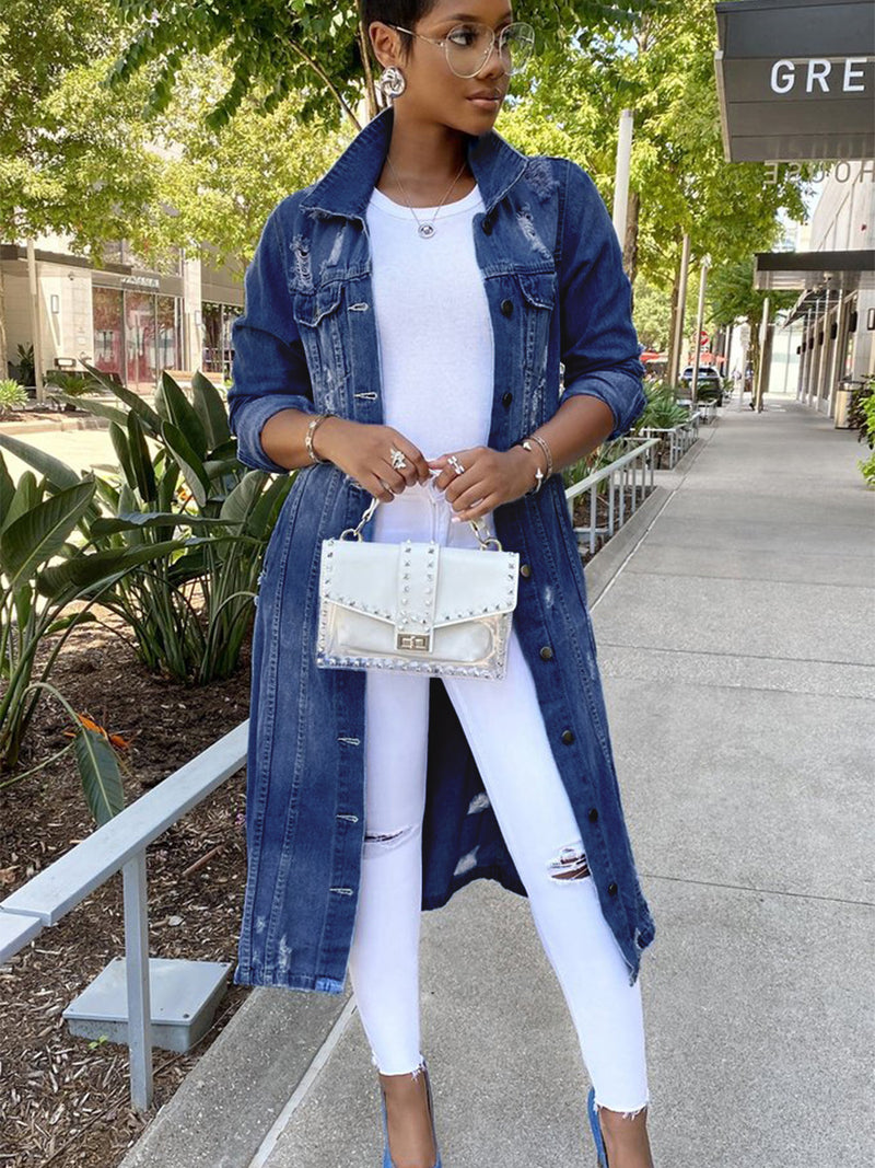 Fashion Denim Long Sleeve Holes Long Coat GQDH 932