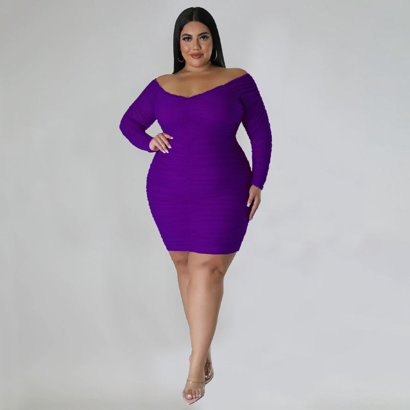 Plus Size Sexy Ruched Long Sleeve Bodycon Dress NNWF 7697
