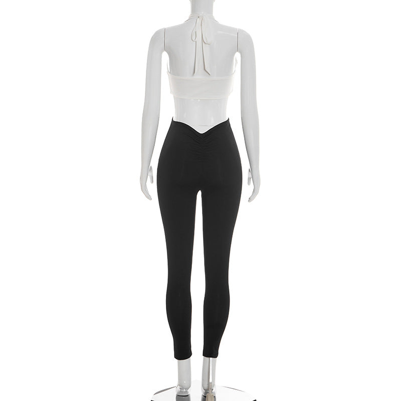 Color Block Deep V Neck Tie Up Jumpsuit GDSF J26JP099
