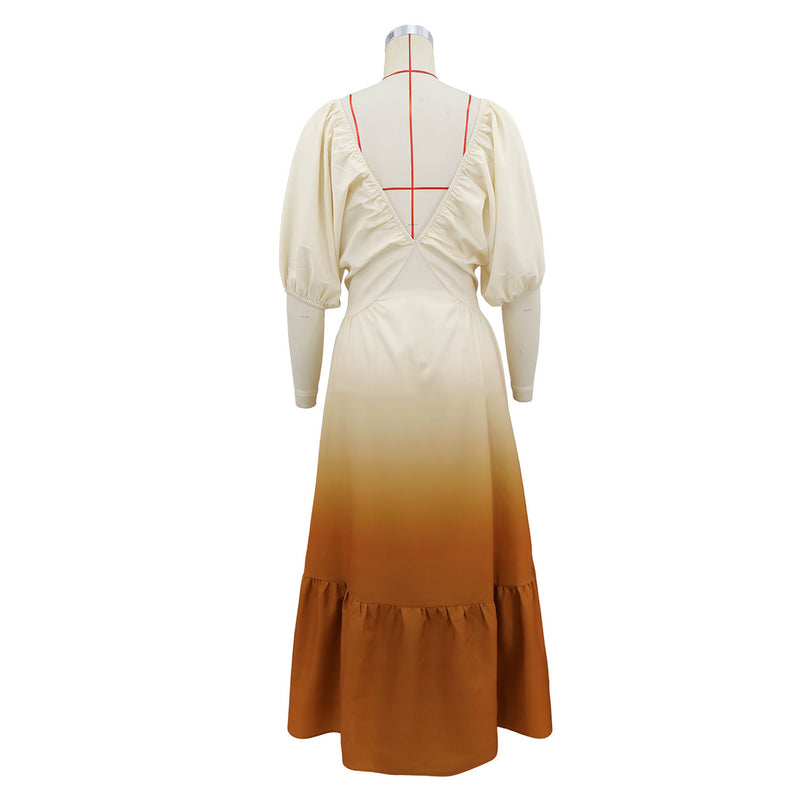 V Neck Puff Sleeve Gradient Color Maxi Dress GYLY 11265