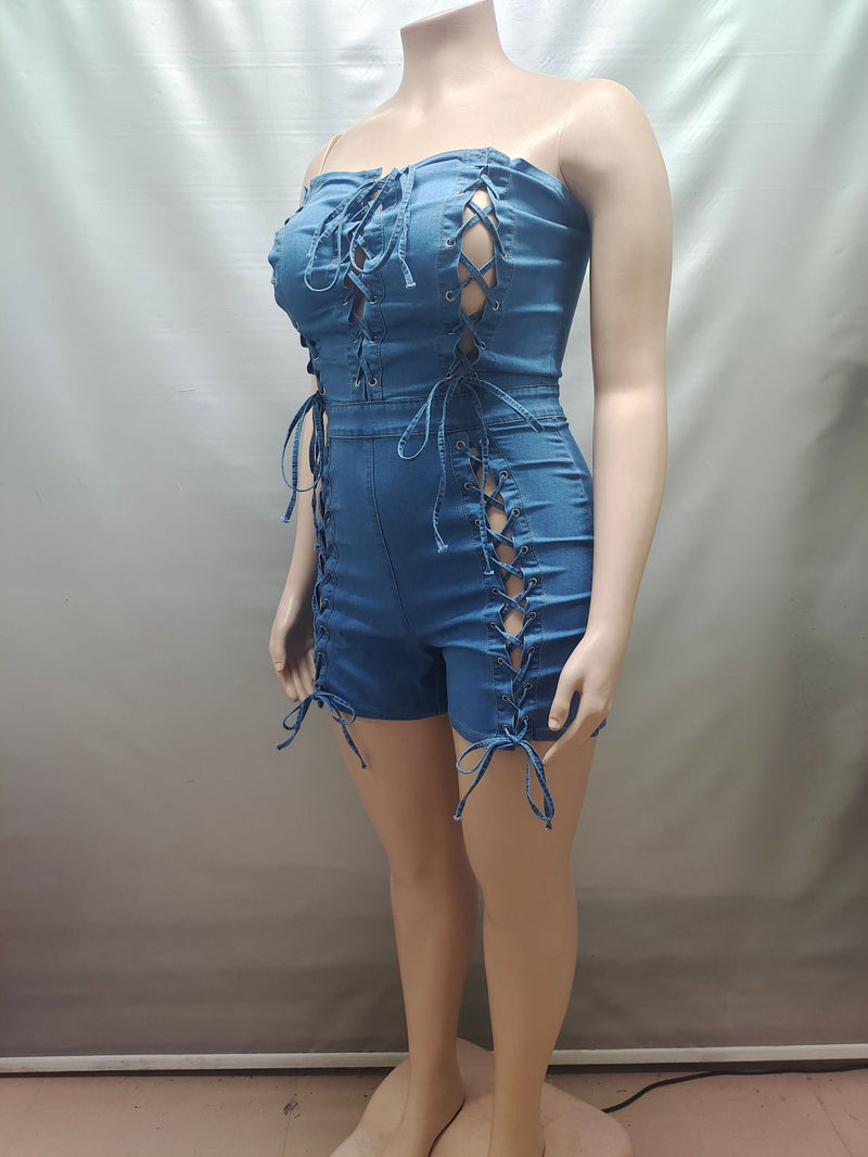 Sexy Wrap Chest Tie Up Denim Romper GAKF 60304