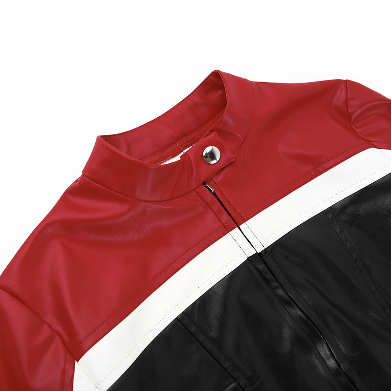 Fashion Contrast Color Short Leather Coat FL YY23427