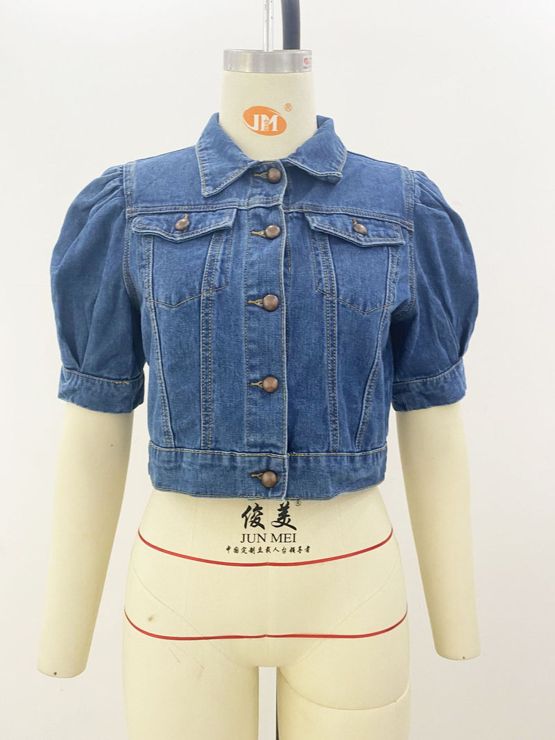 Plus Size Half Puff Sleeve Denim Jacket XCFF 1066