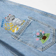 Plus Size Cat Embroidered Multi Pockets Jeans GYLN 6334