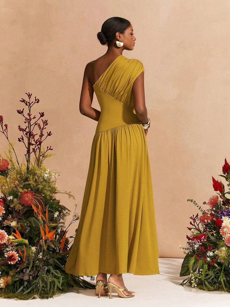Single Shoulder Ruched Maxi Dress GQLK KG6622