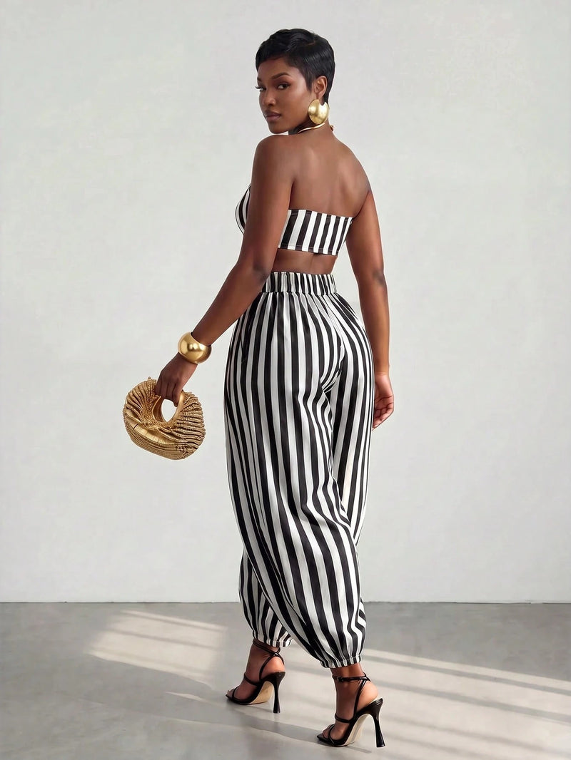 Stripe Warp Chest Top Lantern Pants 2 Piece Set GQLK 6695