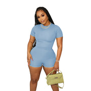 Casual Solid Sport Short Sleeve Shorts Two Piece Set SFY 2305