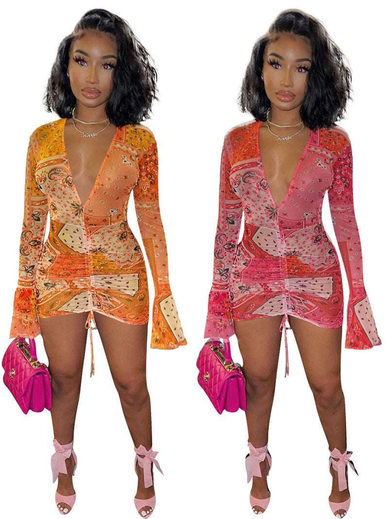 Mesh Deep V Neck Bodycon Dress FENF 091