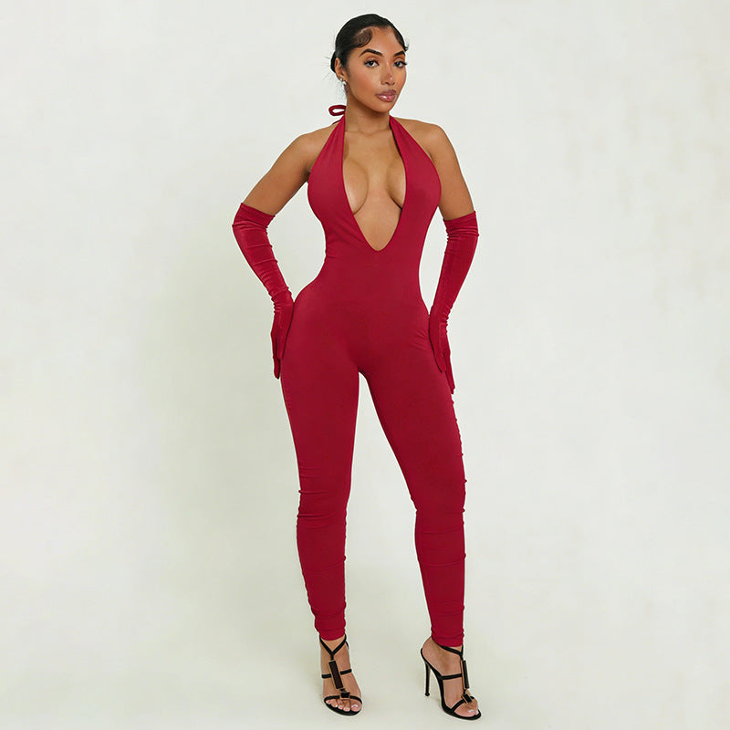 Halterneck Tie Up Backless Slim Jumpsuit MXBF J25JP466