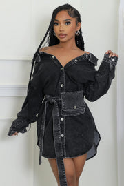 Long Sleeve Single breasted Tie Up Denim Coat WXHY XHY4013