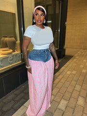 Denim Patchwork Plaid Loose Wide Leg Pants SFY 737