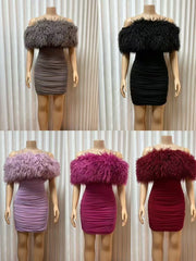 One Shoulder Fuzzy Patchwork Mesh Mini Dress GMYU 10321