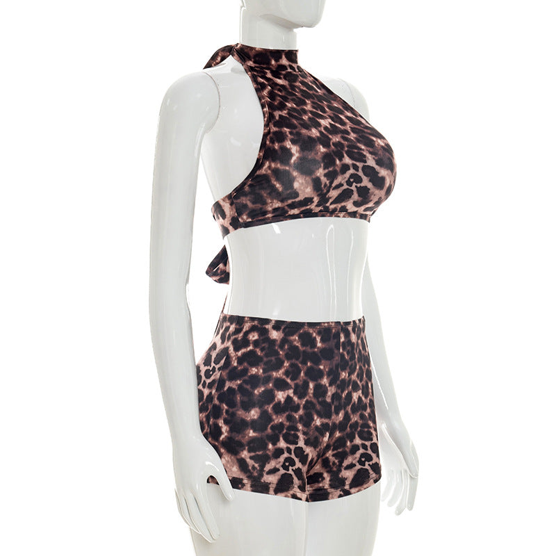 Leopard Print Tie Up Two Piece Shorts Set GDSF J26ST137