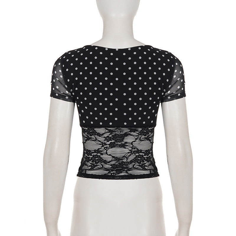 Polka Dot Print Lace Patchwork V Neck T Shirt GPKJ MR49646